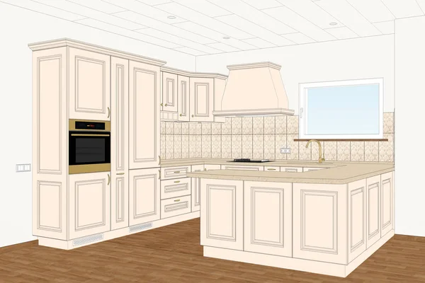 Ilustración Diseño Clásico Muebles Cocina Americanos Interior Ligero Idea Cocina —  Fotos de Stock