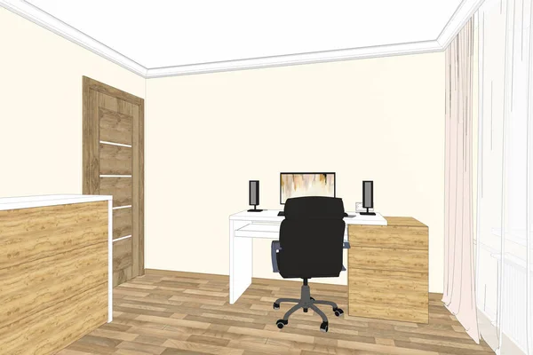 3D illustration. Home office interior and furniture design. Home office sketch. Perspective. Wood accents. Home Interior Design Software Programs.