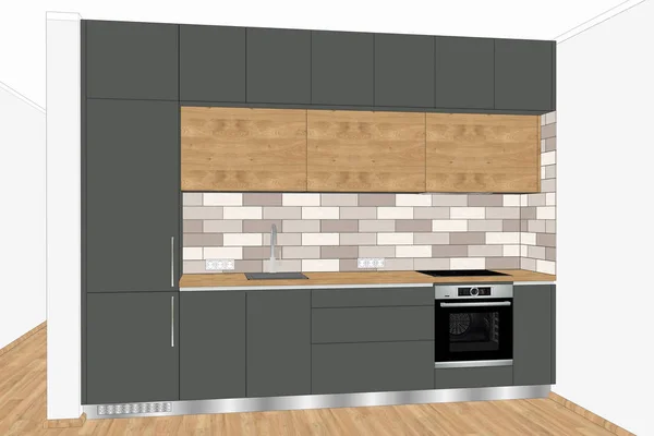 3D illustration. Modern kitchen furniture design in light interior.Concept, idea. Interior design. Oak veneer. Dark grey, wood elements. Three floors. Decorations, appliances, style. No handles.