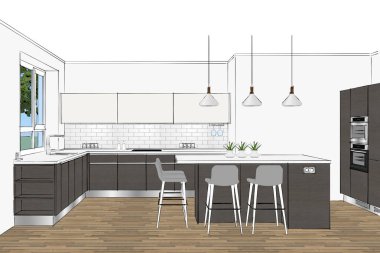 3d render. Hafif iç modern İskandinav mutfak mobilyaları tasarımı. Odada mutfak adası. Oturma odası. Ev Tasarım Yazılım Programları. Şamandıralı Kolye Işıkları. Sandalyeler, süslemeler, stil.