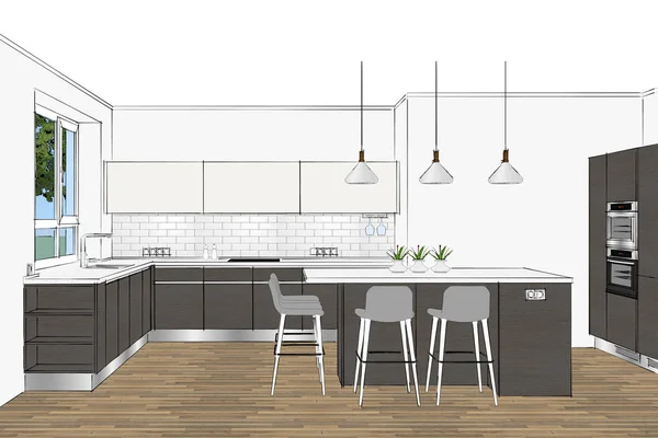 Rendering Modern Scandinavian Kitchen Furniture Design Light Interior Kitchen Island — Stock Photo, Image