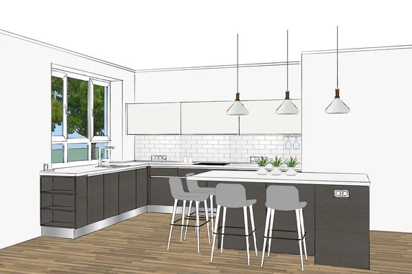 Darstellung Modernes Skandinavisches Küchenmöbeldesign Hellem Interieur Kücheninsel Zimmer Wohnzimmer Home — Stockfoto