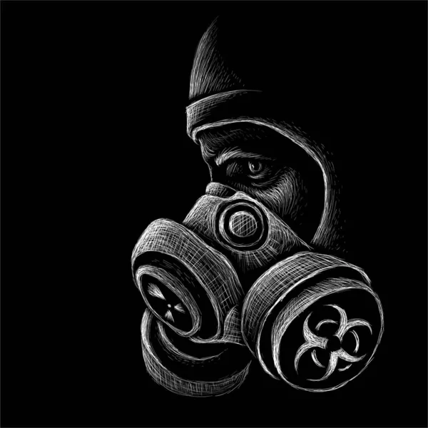 Vector person in respirator with pelvic mask during a bacteriological or chemical threat for tattoo or T-shirt design or outwear