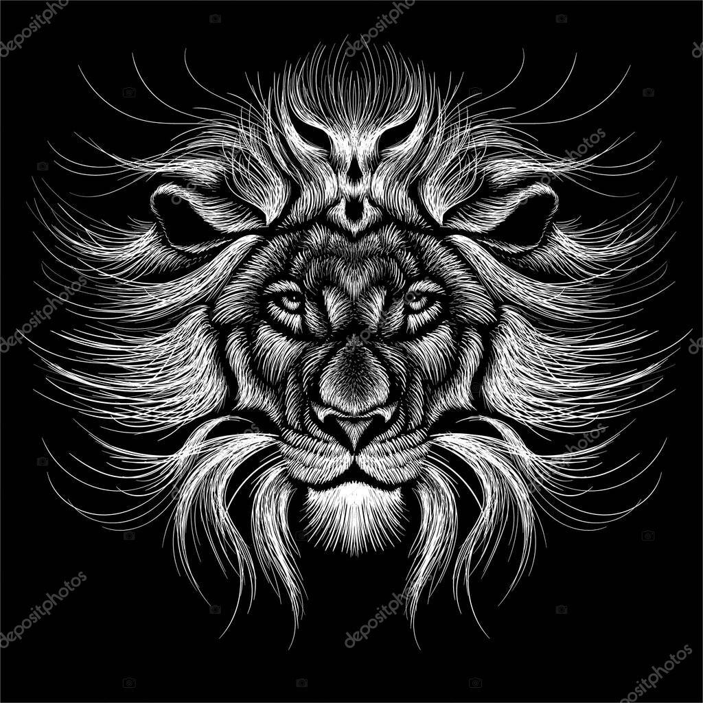 Vector logo lion for tattoo or T-shirt print design or outwear. Hunting style lions background