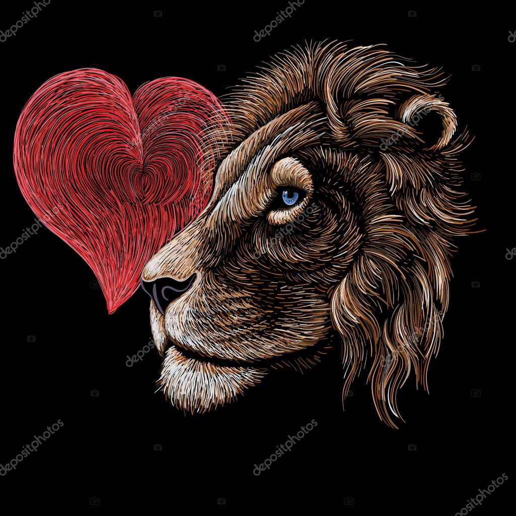 Vector lion's head with heart for tattoo or T-shirt print design. Graphic lines on black  background.