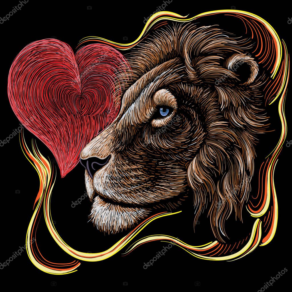 Vector lion's head with heart for tattoo or T-shirt print design. Graphic lines on black  background.