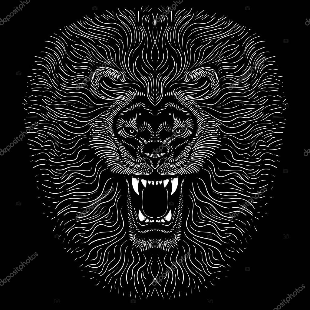 Vector lion's head for tattoo or T-shirt print design.  White graphic lines on black  background.