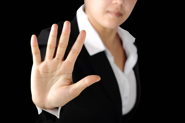 Mujer Negocios Serio Muestra Señal Stop Hablar Mano Gesto Aislado —  Fotos de Stock