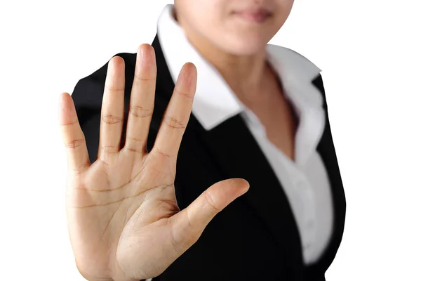 Prohibition Symbol Serious Politician Woman Shows Stop Sign Talk Hand — Stock Photo, Image