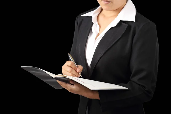 Businesswoman Holding Pen Signing Writing Isolated Black Background Clipping Path — Stock Photo, Image