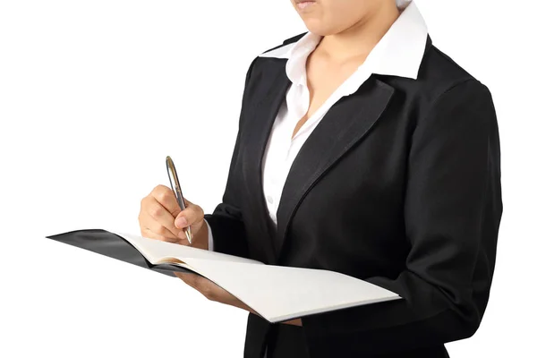 Businesswoman Holding Pen Signing Writing Isolated White Background Clipping Path — Stock Photo, Image