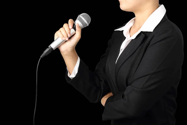 Woman Hand Holding Microphone Isolated Black Background Clipping Path — Stock Photo, Image