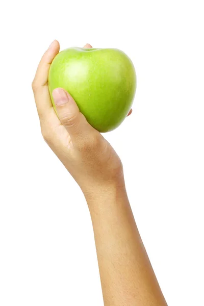Kvinde Hånd Bedrift Grønt Æble Isoleret Hvid Baggrund Klipning Sti - Stock-foto
