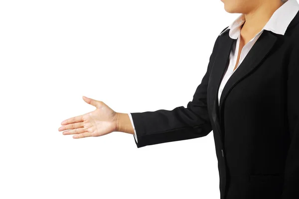 Businesswoman Black Suit Offering Shake Hand Isolated White Background Clipping — Stock Photo, Image