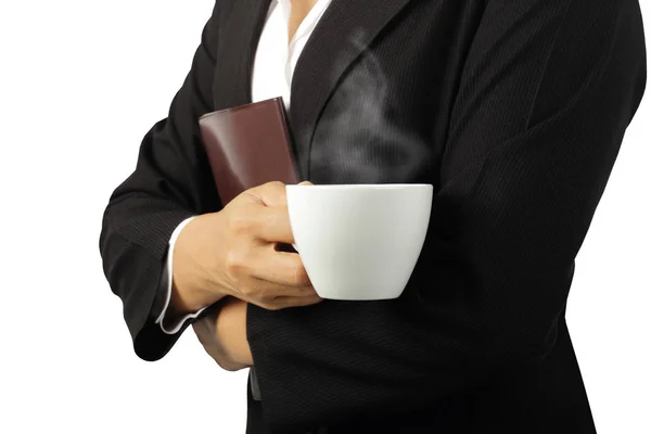 Kaffepaus Ung Affärskvinna Njuter Kopp Kaffe Isolerade Vit Bakgrund Urklippsbana — Stockfoto
