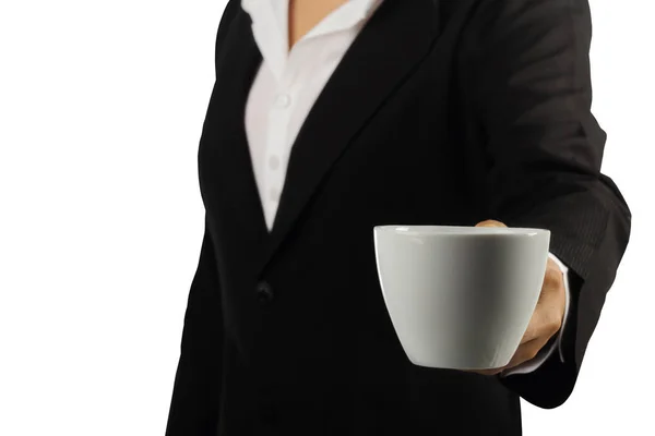 Koffiepauze Jonge Zakenvrouw Genieten Een Kopje Koffie Geïsoleerd Witte Achtergrond — Stockfoto