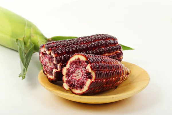 Fresh Purple Corn Fruits Isolated Wooden Plate White Background — Stock Photo, Image