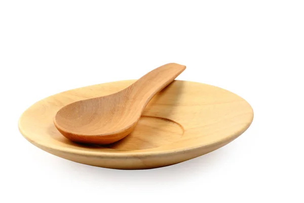 Wooden Plate Tablespoon Isolated White Background Clipping Path — Stock Photo, Image