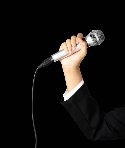 Reporter Hand Holding Microphone Isolated Black Background Clipping Path — Stock Photo, Image