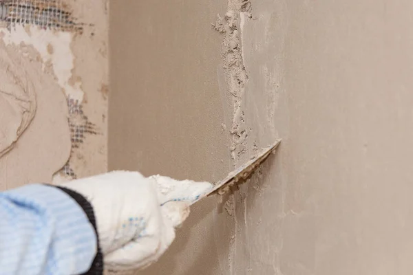 Hand Spatula Process Leveling Raw Plaster — Stock Photo, Image