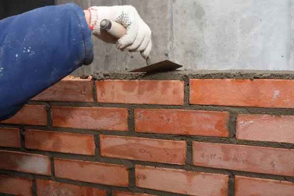 Hand Process Laying Wall Red Brick — Stock Photo, Image