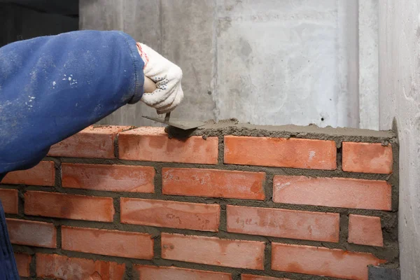 Hand Process Laying Wall Red Brick — Stock Photo, Image