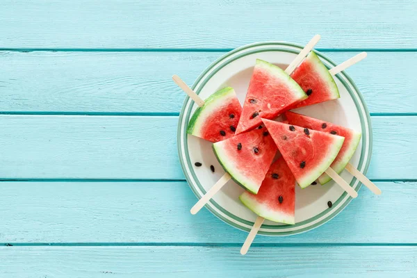 Watermeloen Slice Ijslolen Lege Voedsel Achtergrond Met Ruimte Voor Een — Stockfoto