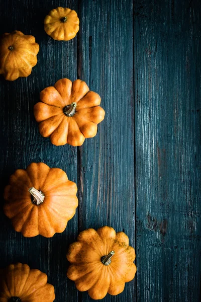Herfst Achtergrond Van Variëteit Pompoenen Een Donkere Houten Tafel — Stockfoto
