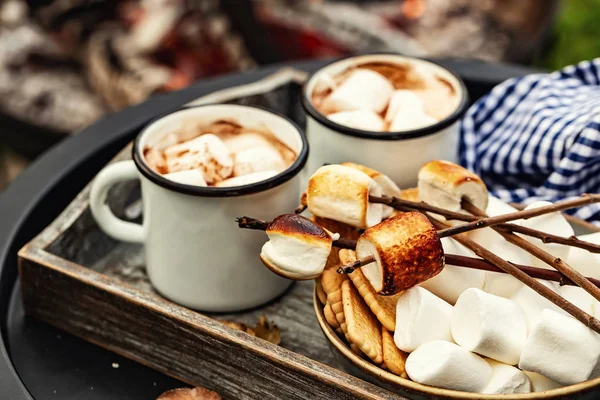 Twee Kopje Cacao Warme Chocolademelk Spiesjes Van Geroosterde Marshmallows Tijdens — Stockfoto