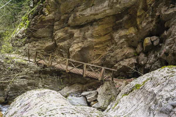 Wooden Bridge Path Mavri Spilia Literally Black Cave Close Proussos — Stock Photo, Image
