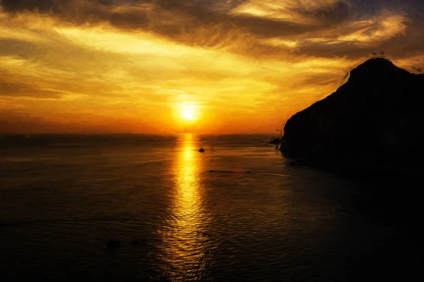 Bela Vista Pôr Sol Mosteiro Paleokastritsa Ilha Corfu Grécia Tinta — Fotografia de Stock