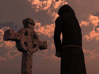Başı eğik, meditasyon yapan Hıristiyan bir keşiş. Günbatımı arkaplanında taşlanmış bir haç var - 3B görüntüleme