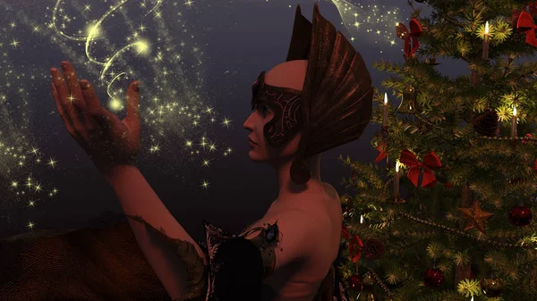 Woman Elf with Christmas tree over stars background - 3d rendering