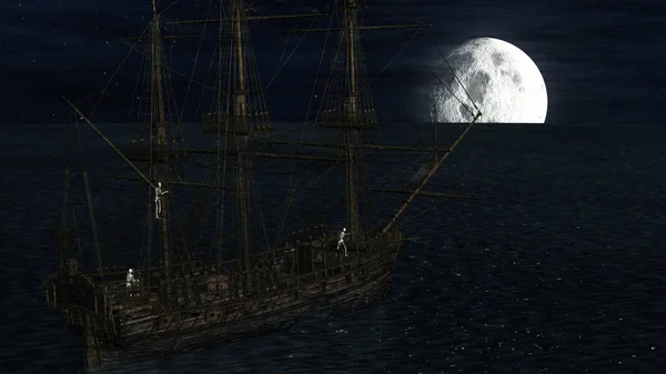 Skelett Ett Spöke Segelbåt Med Bakgrund Vit Måne Rendering — Stockfoto
