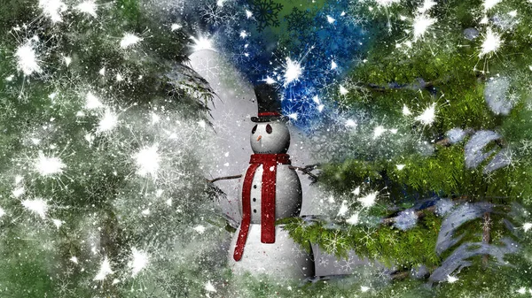 Estrella Noche Navidad Con Muñeco Nieve Dos Abetos Representación — Foto de Stock