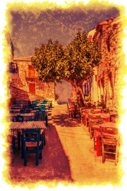 Alonissos Yunan Adası geleneksel köyü. Retro biçimi.