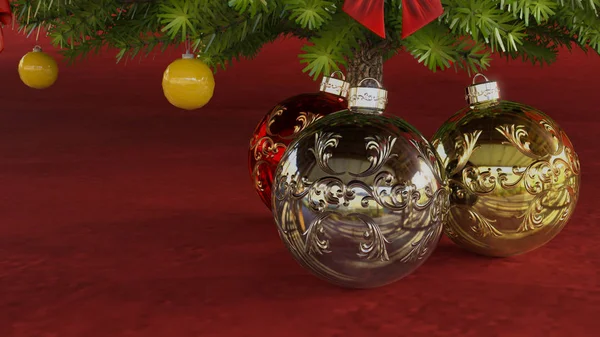 Χριστουγεννιάτικες Μπάλες Κάτω Από Χριστουγεννιάτικο Δέντρο Απόδοση — Φωτογραφία Αρχείου