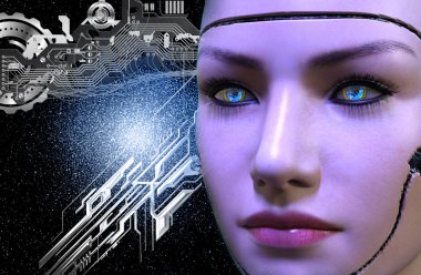 Karanlık arka planda elektronik devreli bir kadın robot yüzünün 3 boyutlu canlandırması