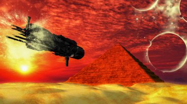 UFO uzay gemisi çölde bir piramide doğru uçuyor. Fantezi Uzaylı Çizimi. 3B görüntüleme