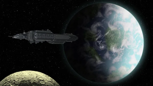 Raumschiff Nähert Sich Einem Irdischen Planeten Darstellung — Stockfoto