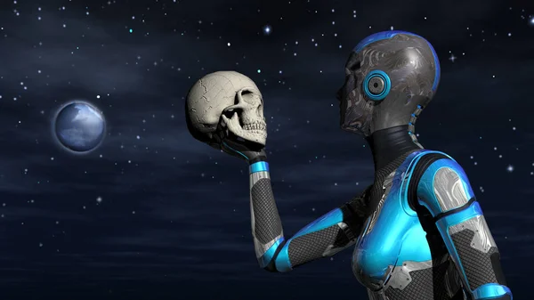 Illustration Futuristic Female Android Space Holding Human Skull Rendering — Stock Photo, Image