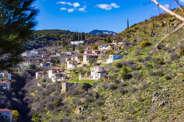 Peloponnese Yunanistan Tarihi Prastos Köyü Terk Edilmiş Köy Geleneksel Tower — Stok fotoğraf