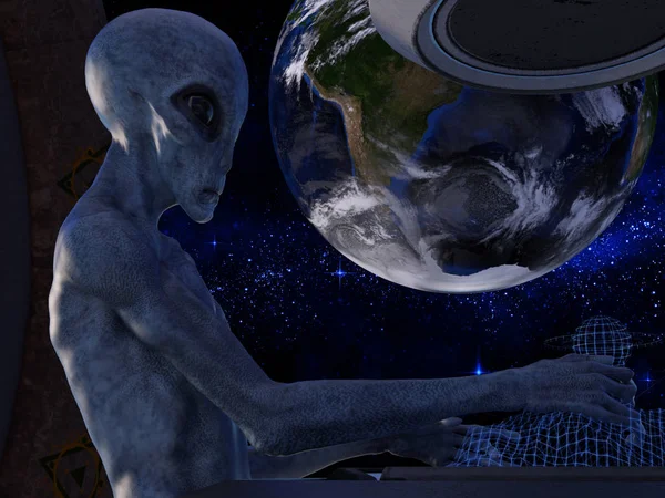 Фантазія Інопланетянина Космічному Кораблі Поблизу Землі Рендеринг — стокове фото