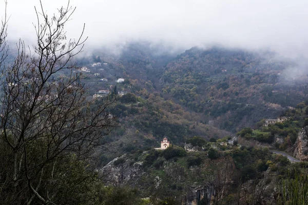Image Village Mountains Fog Arcadia Greece — Stock Photo, Image