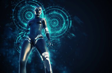 Cyborg Kadın - Teknoloji arka planında insansı - 3D görüntüleme