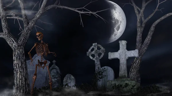 Skelett Auf Einem Gruseligen Friedhof Bei Nacht Mit Mond Darstellung — Stockfoto