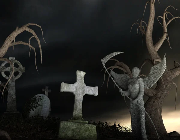 Stony Angel Death Auf Einem Gruseligen Friedhof Bei Nacht Darstellung — Stockfoto