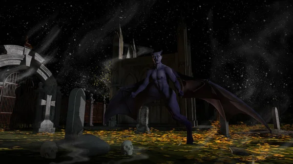 Fallen Angel Death Spooky Cemetery Night Rendering — Stock Photo, Image