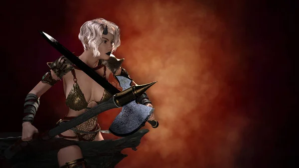 Horned blonde female demon with sword posing over dark background