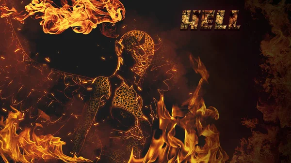 Horned female demon in flames at dark background